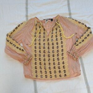 Free People Embroidered Blouse in Pink and Yellow